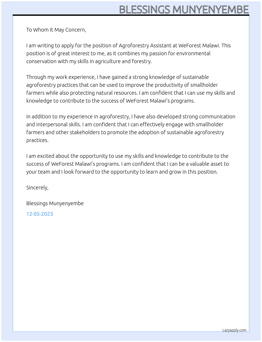 Agroforestry Assistant At WeForest Malawi Cover Letter