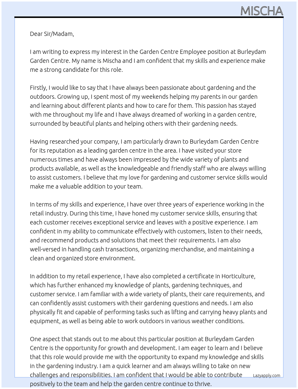 Garden centre employee At Burleydam garden centre Cover Letter
