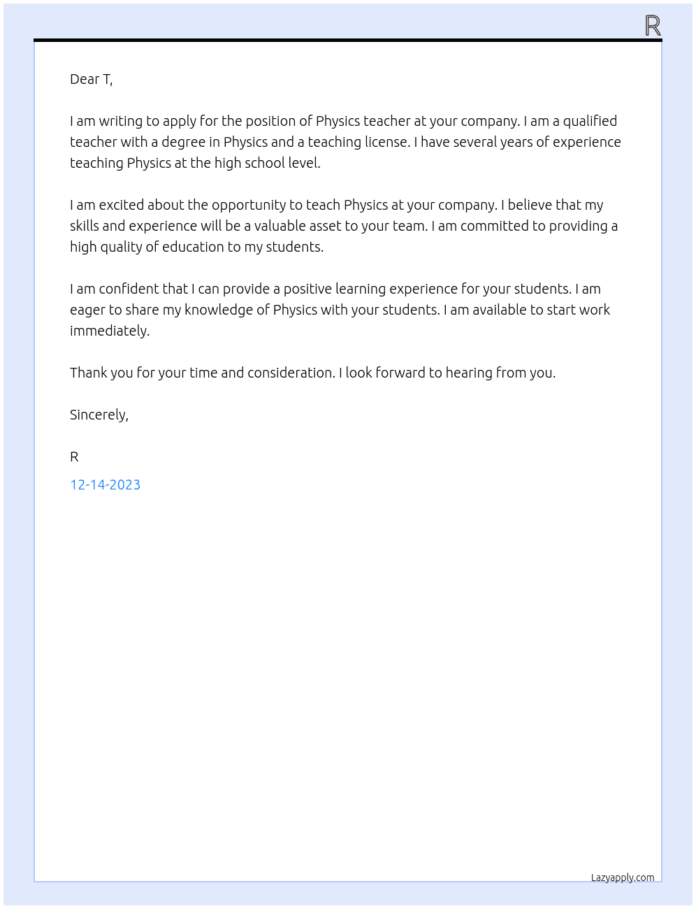 Physics teacher  At T Cover Letter