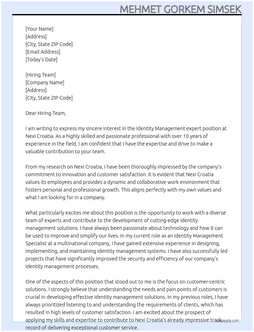 Identity Management expert At Nexi Croatia Cover Letter