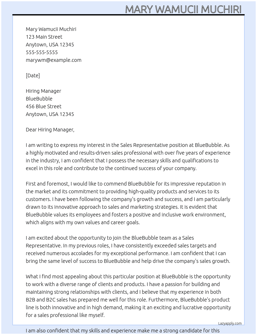 Sales Representative  At BlueBubble Cover Letter