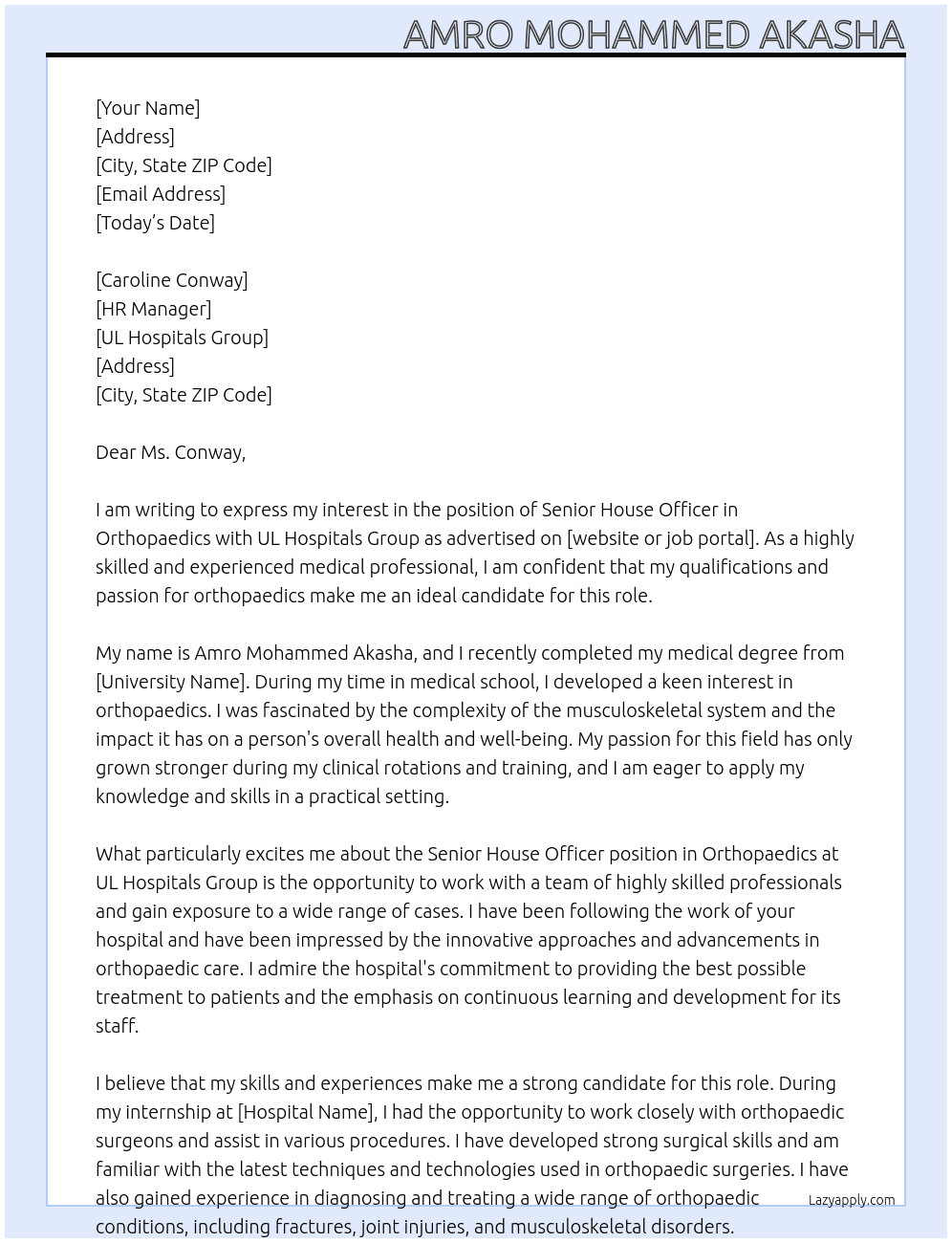 Senior House Officer in Orthopaedics At UL Hospitals Group Cover Letter