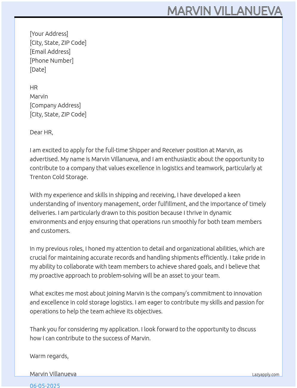 Shipper and Receiver At Marvin Cover Letter