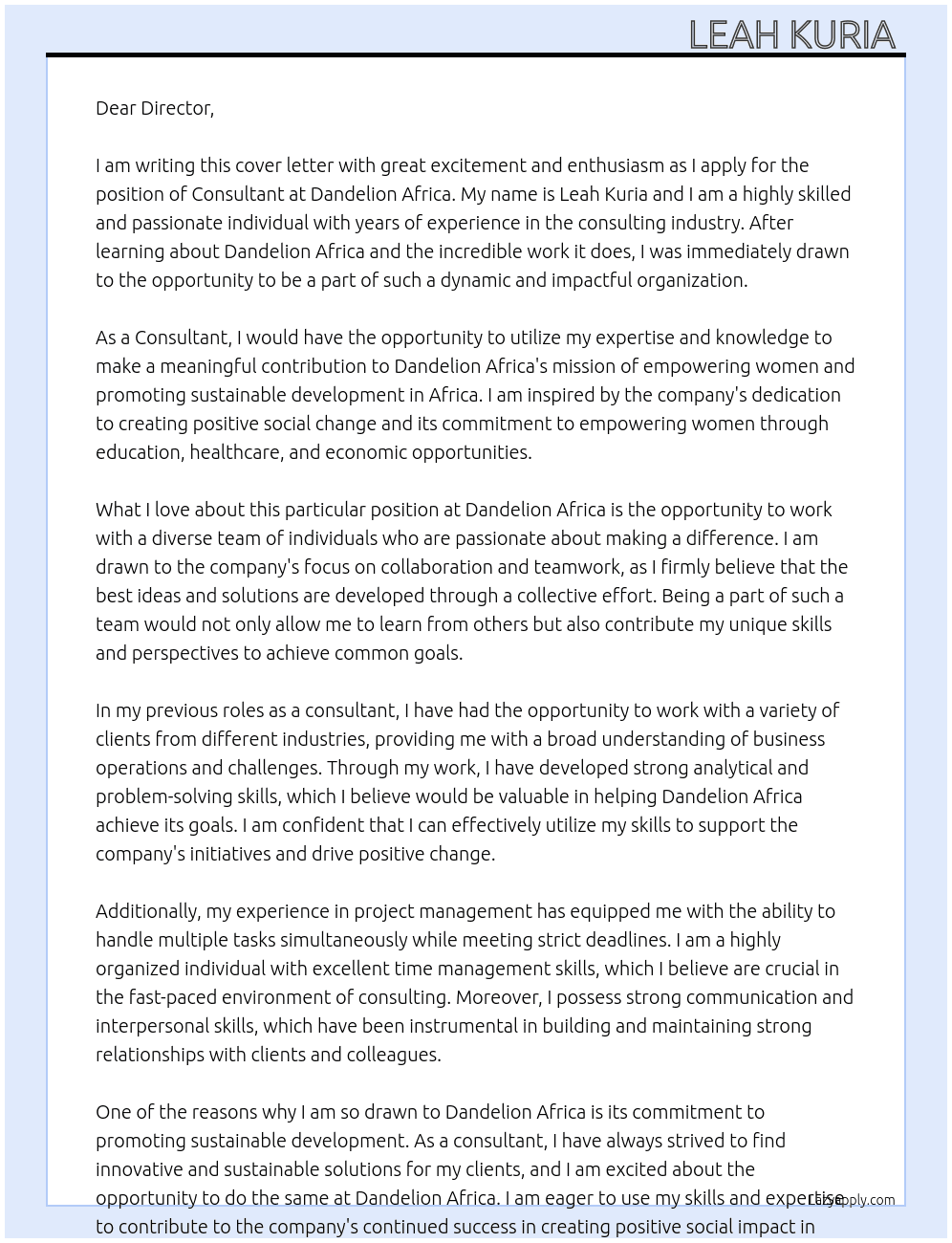 Consultant  At Dandelion Africa  Cover Letter