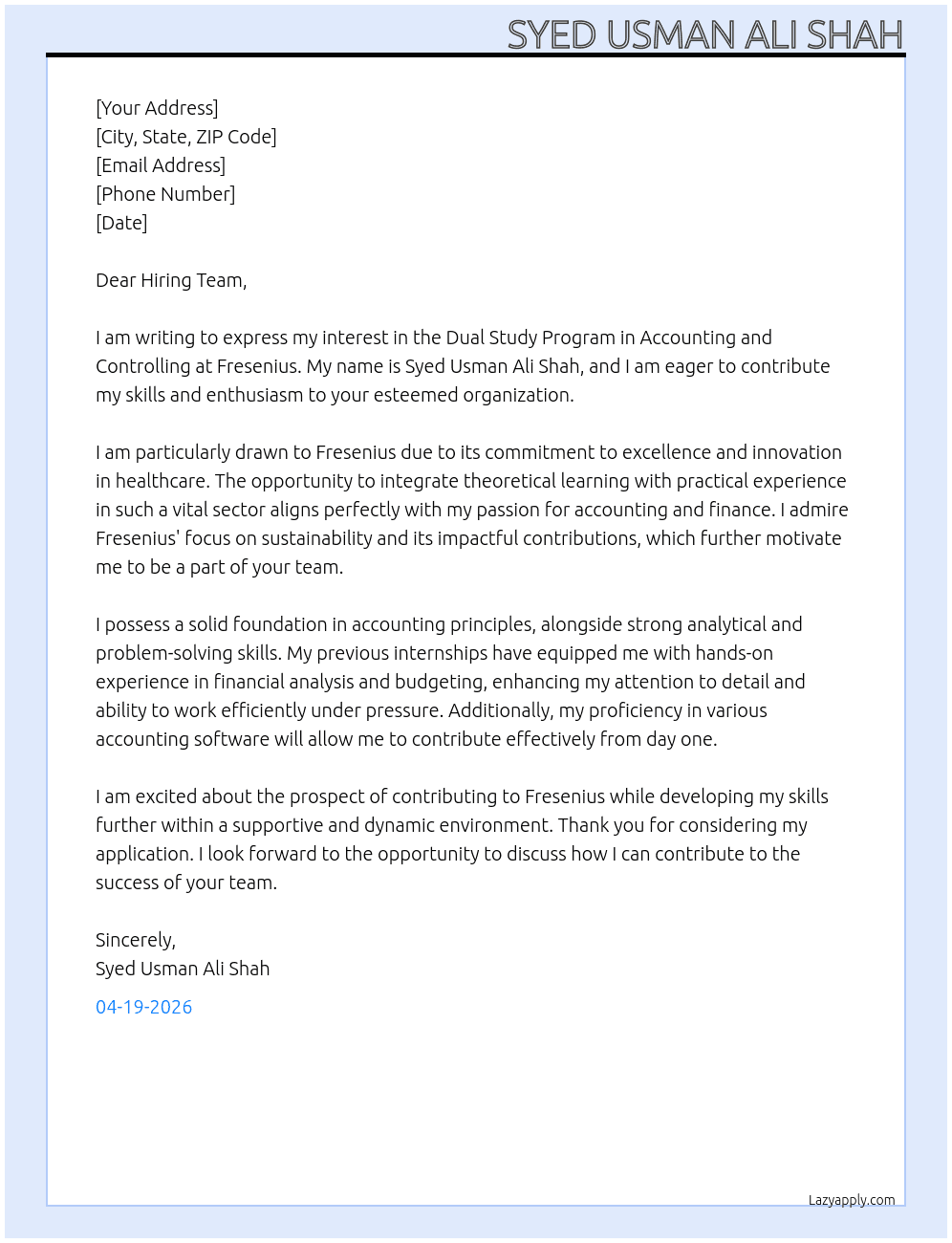 Dual study program - Accounting and Controlling At Fresenius Cover Letter