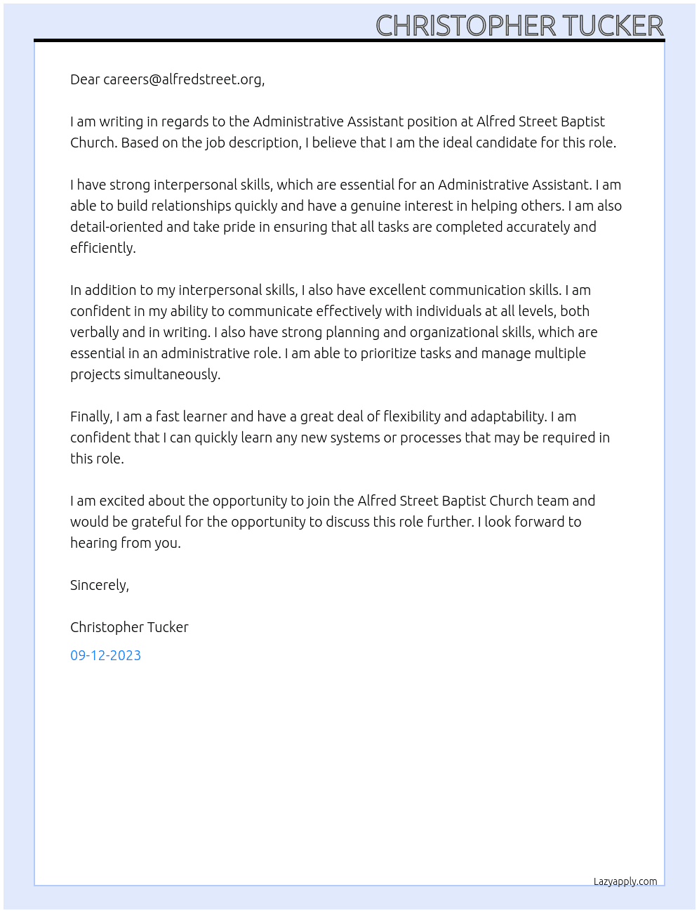 Administrative Assistant At Alfred Street Baptist Church Cover Letter