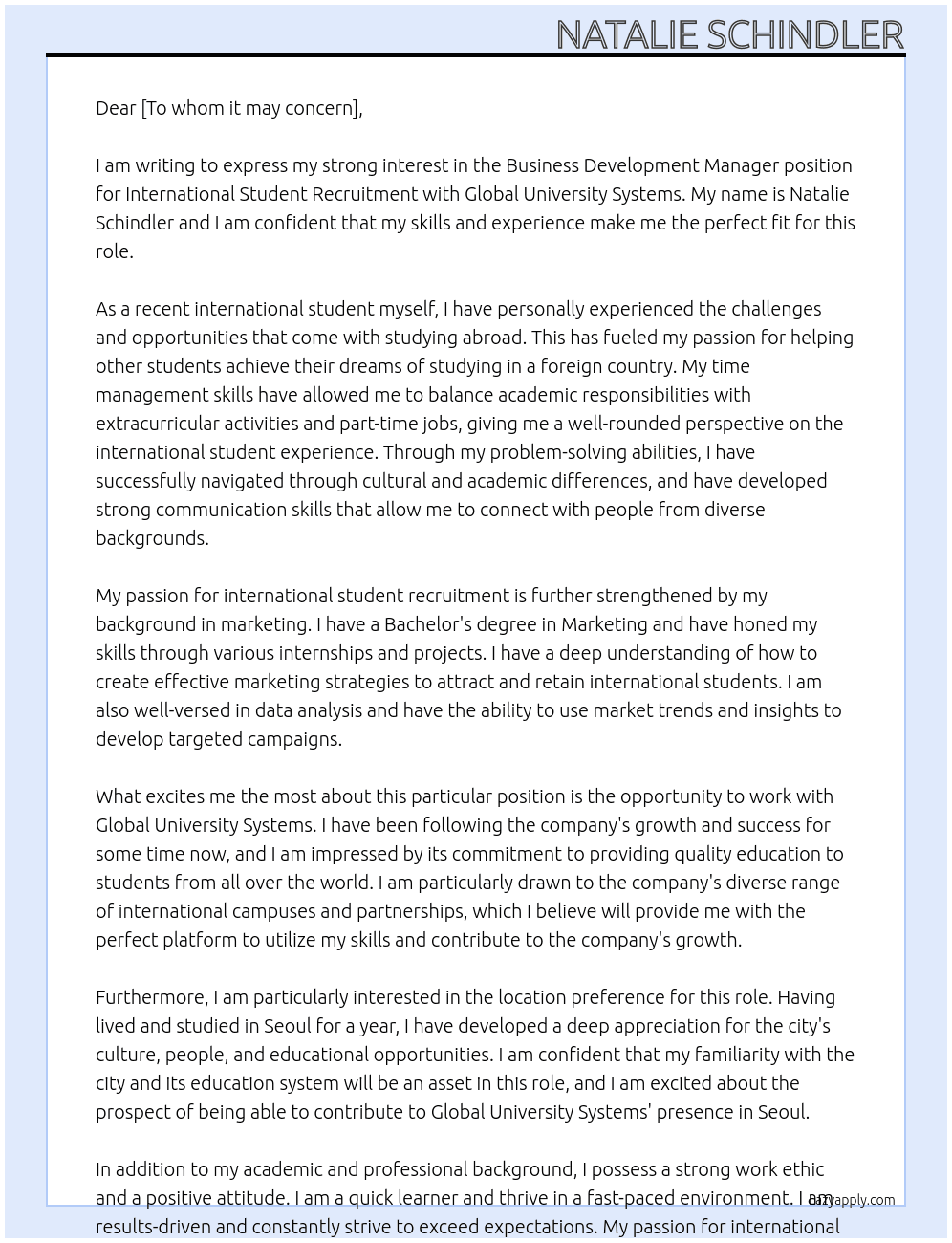 Business development manager for international student recruitment At Global University Systems Cover Letter