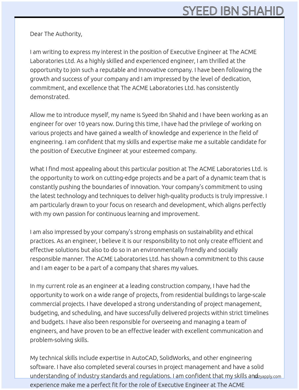 Executive engineer  At The ACME Laboratories Ltd. Cover Letter