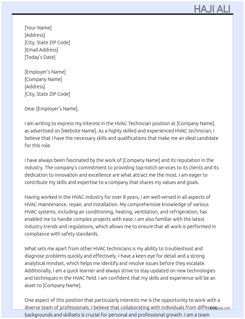 HVAC technician  At MNC company  Cover Letter