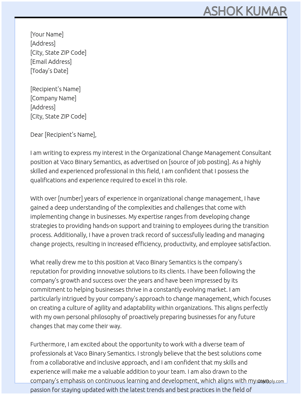 Organizational Change Management Consultant At Vaco Binary Semantics Cover Letter
