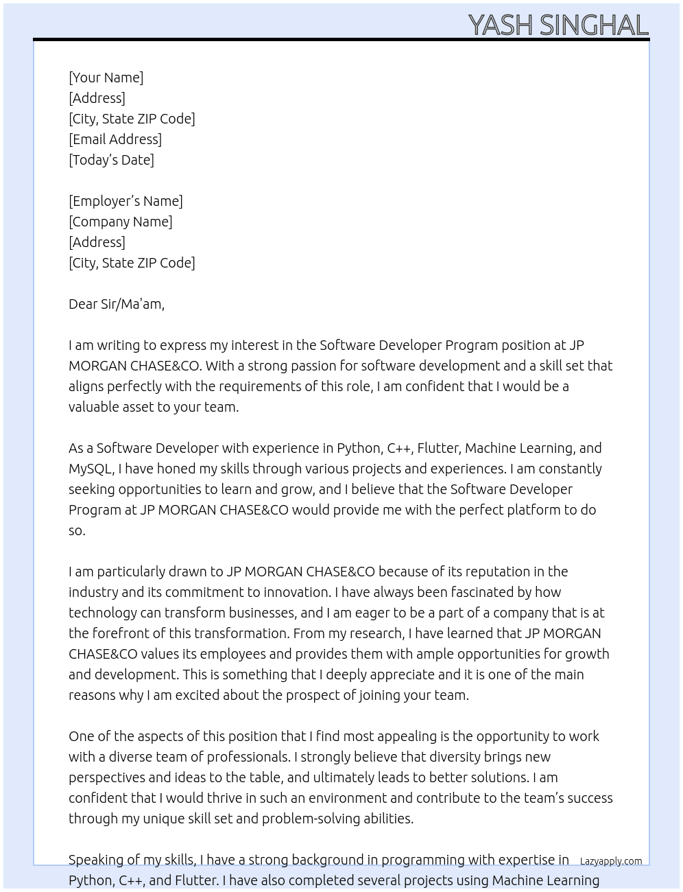 Software Developer Program At JP MORGAN CHASE&CO Cover Letter