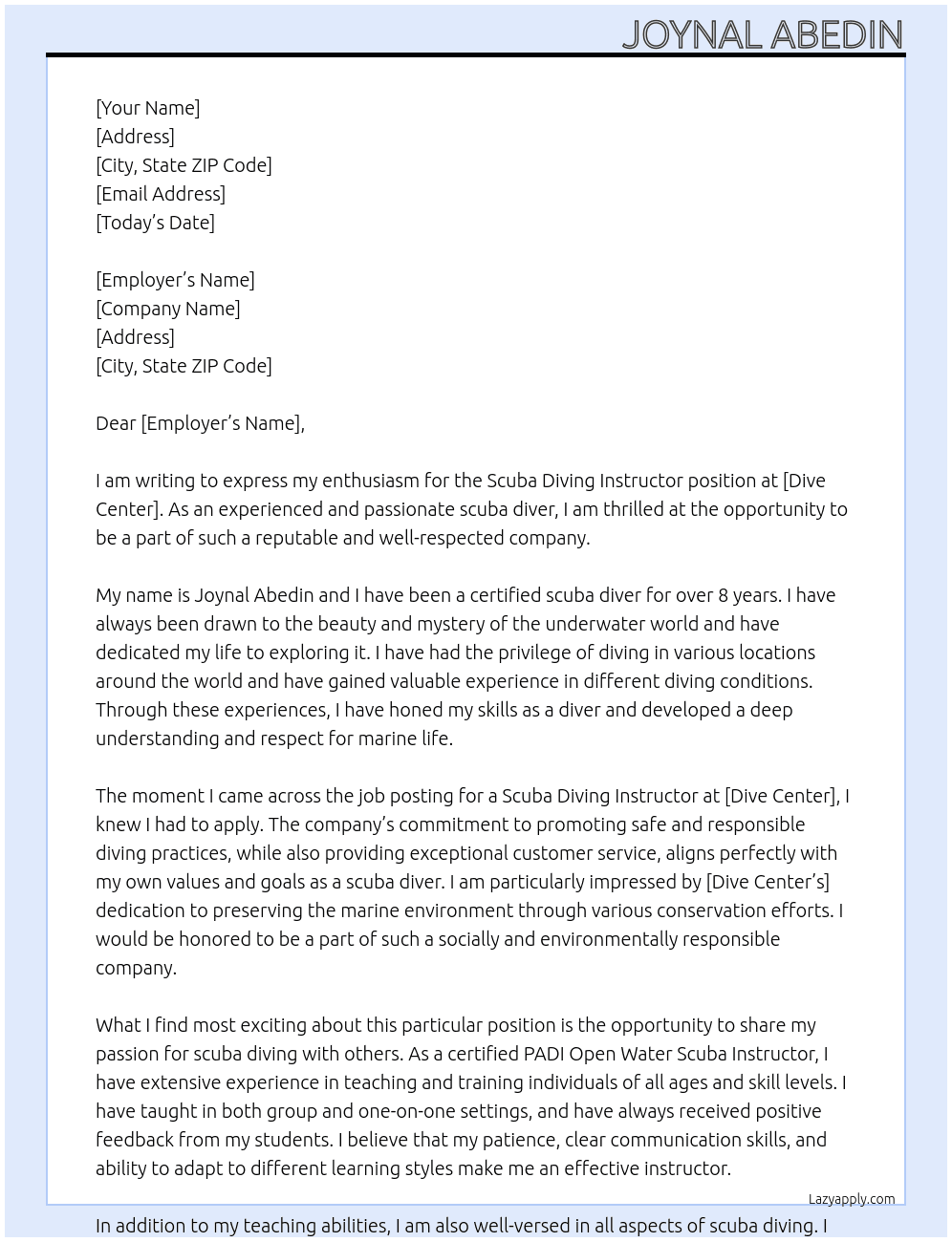 Scuba Diving Instructor At dive center Cover Letter