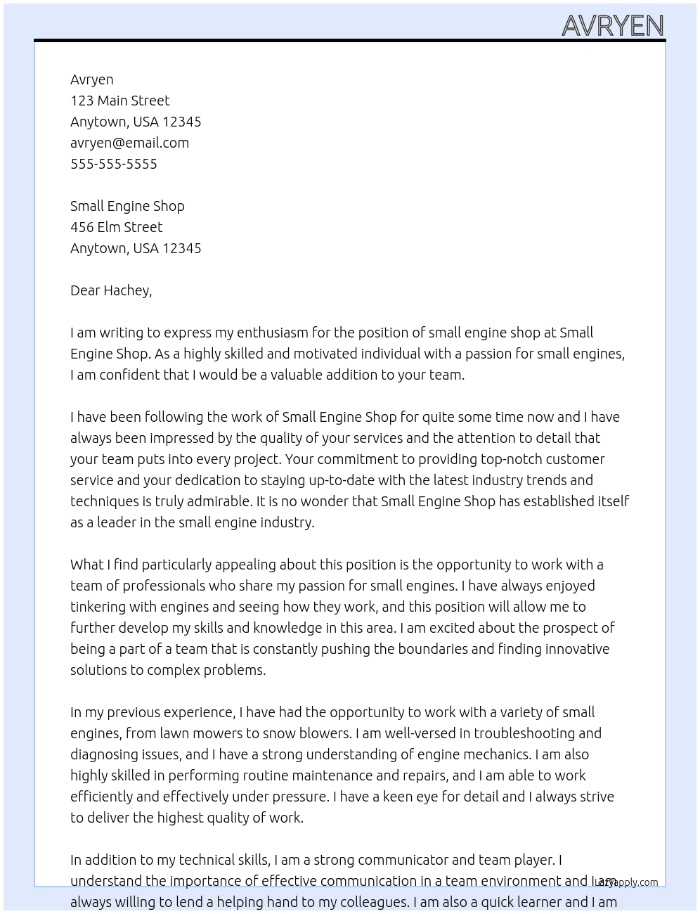 small engine shop At small engine shop Cover Letter