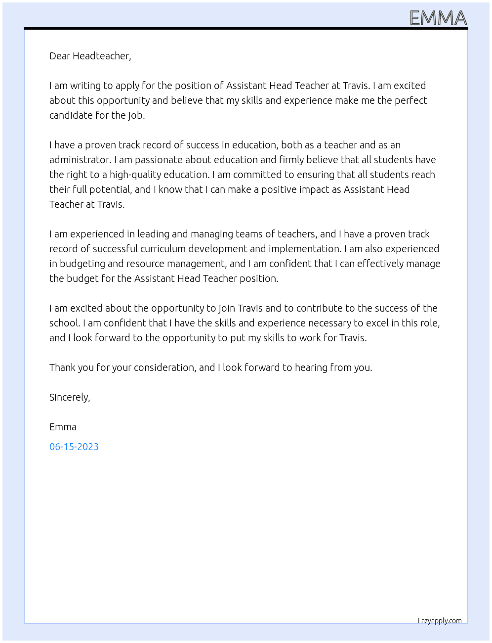 Assistant Head Teacher At Travis Cover Letter