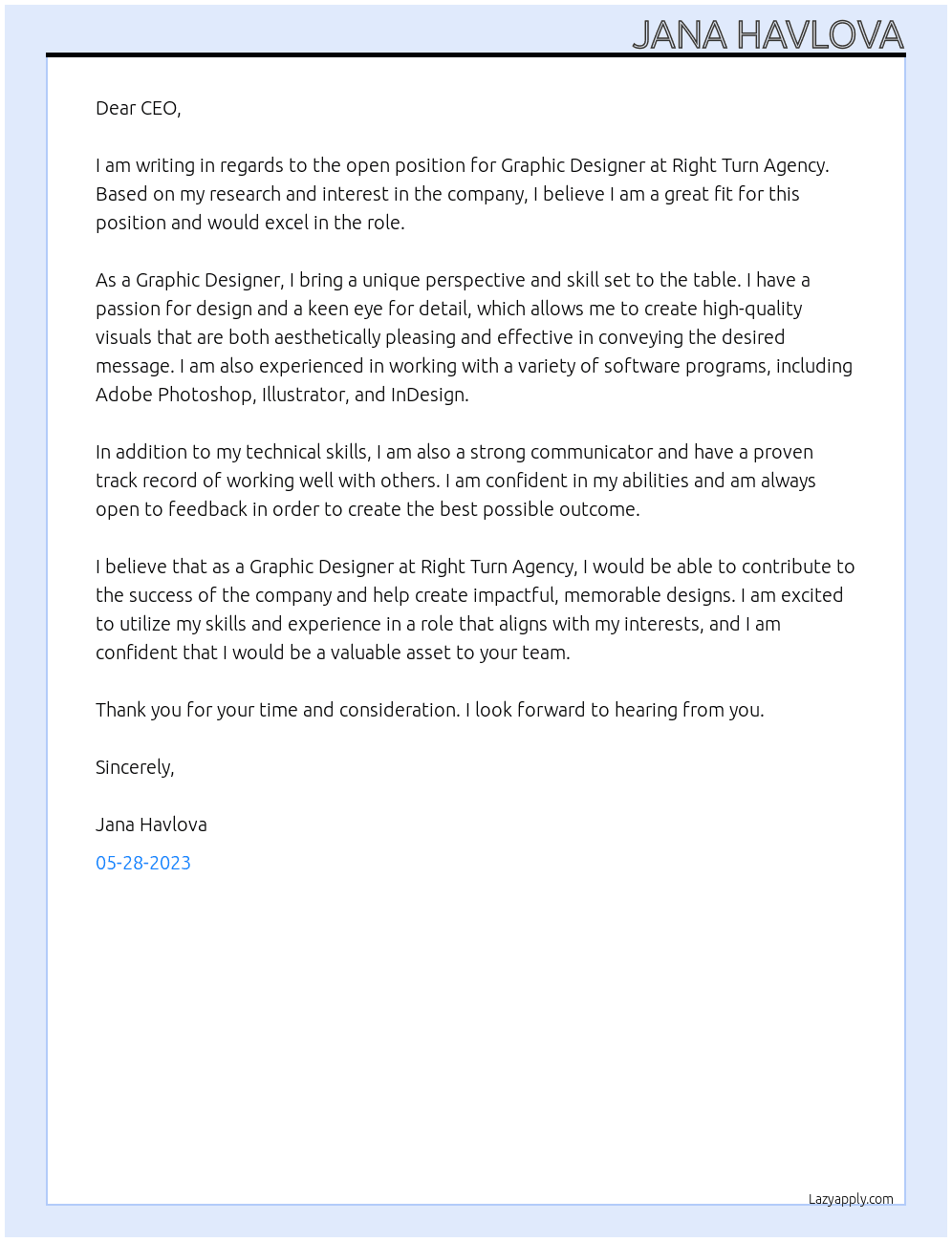 Graphic designer At Right Turn Agency Cover Letter