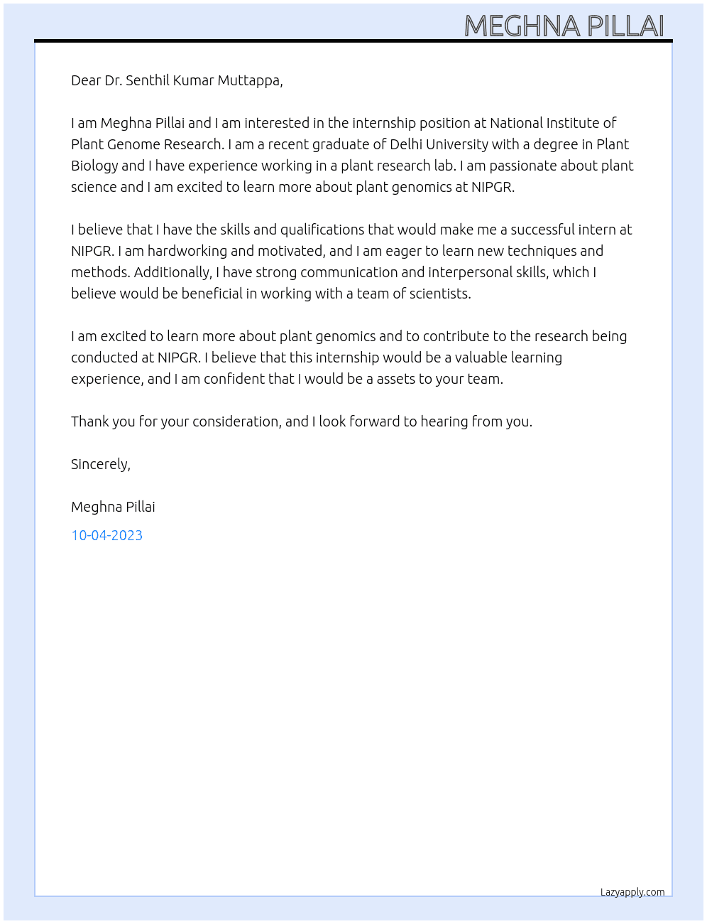 Internship  At National Institute of Plant Genome Research  Cover Letter