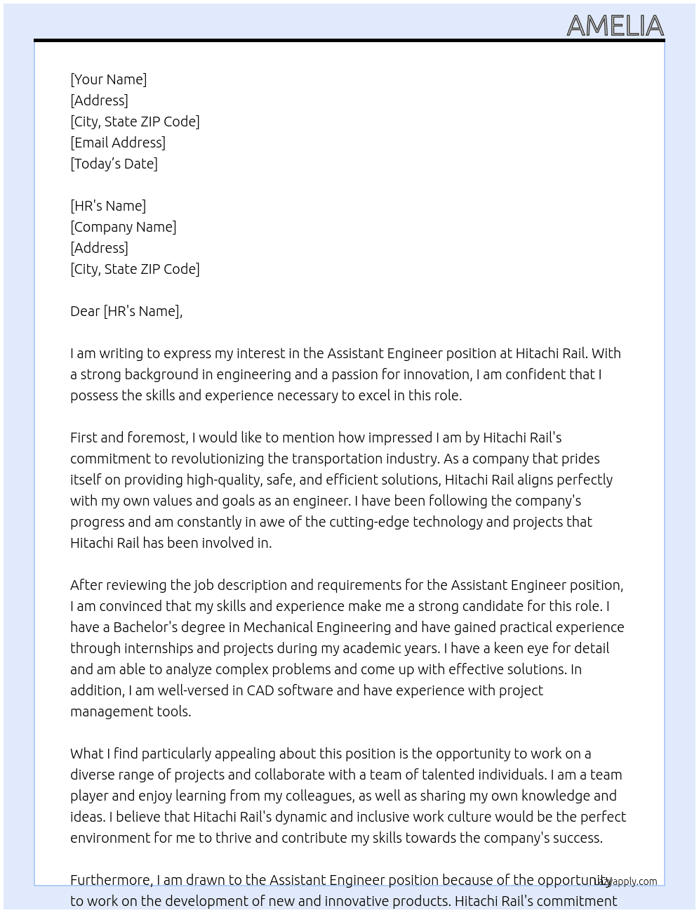 Assistant Engineer At Hitachi Rail Cover Letter