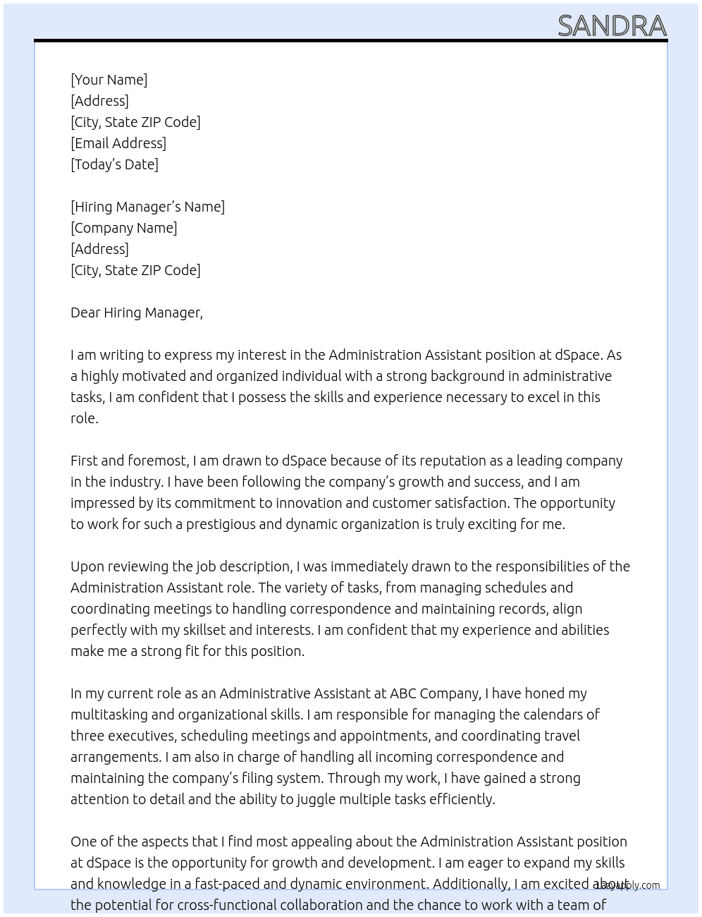 Administration Assistant At dSpace Cover Letter