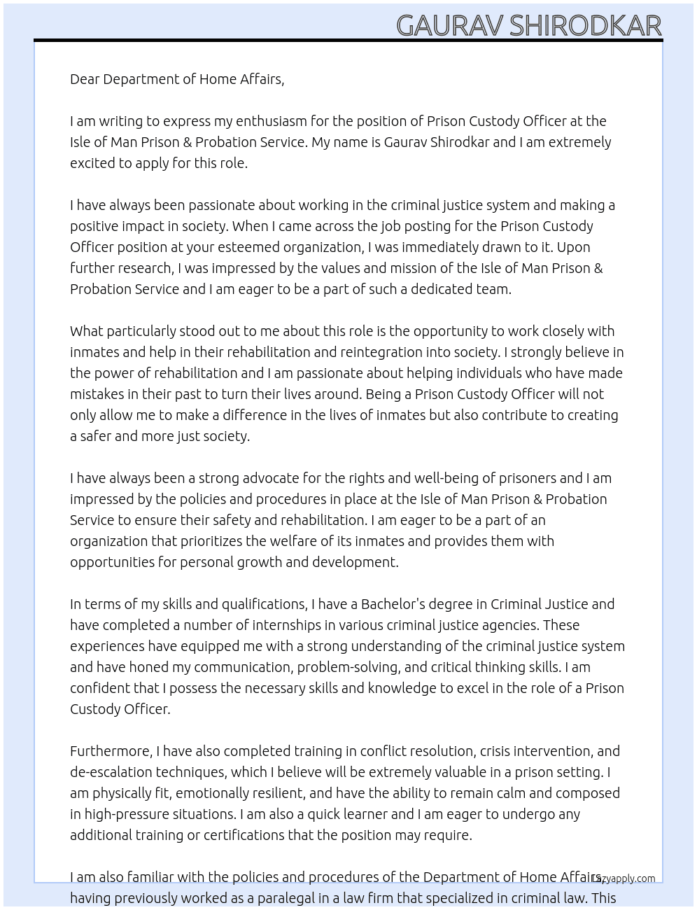 prison custody officer At Isle of Man Prison & Probation Service Cover Letter