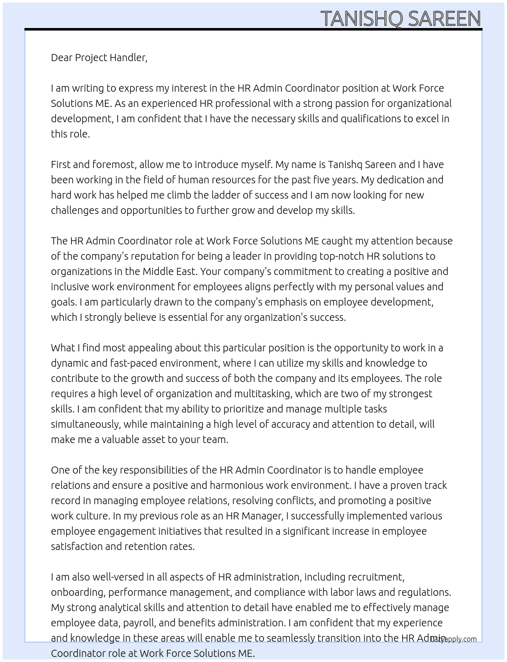 HR Admin coordinator At Work Force Solutions ME Cover Letter