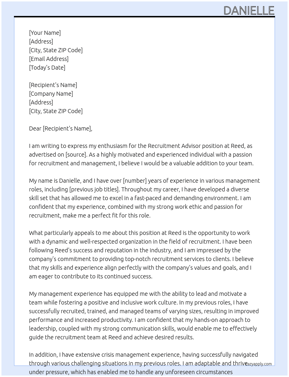 recruitment advisor At Reed Cover Letter