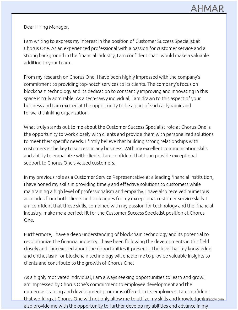 Customer Success Specialist At Chorus One Cover Letter