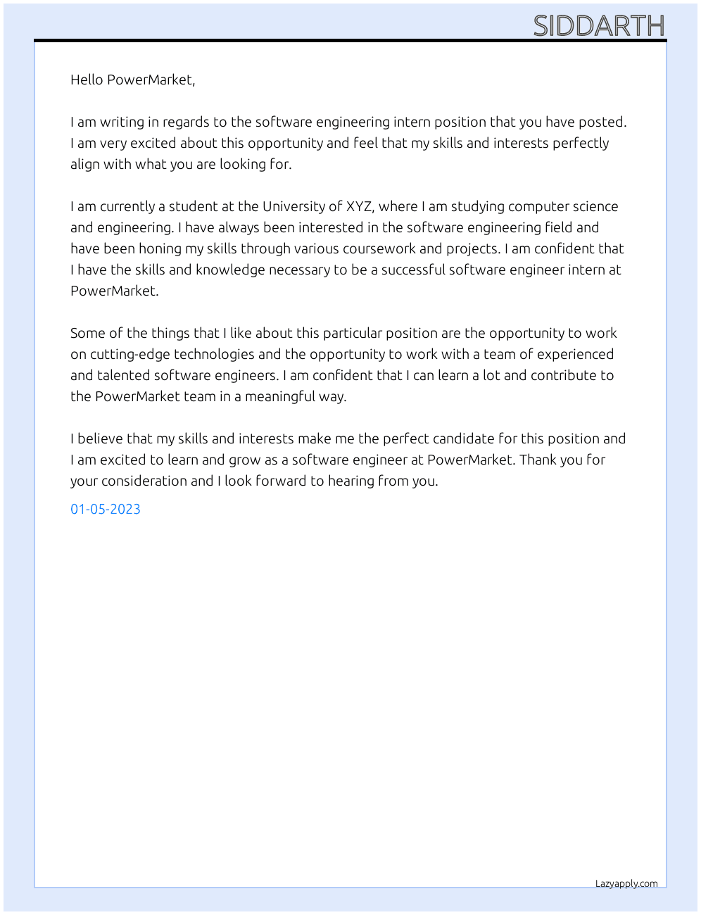 Software engineering intern At PowerMarket Cover Letter