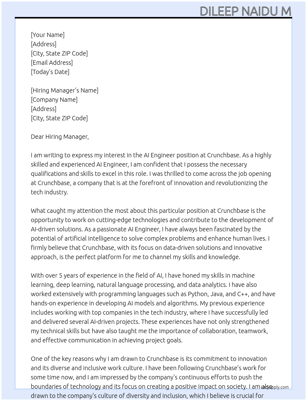 AI ENGINEER At crunchbase Cover Letter