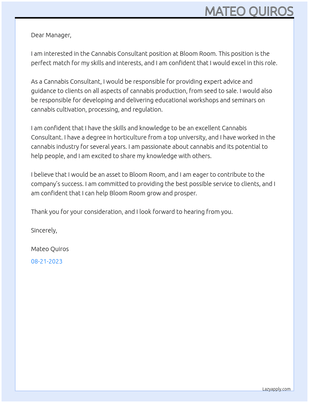 Cannabis Consultant At Bloom Room Cover Letter