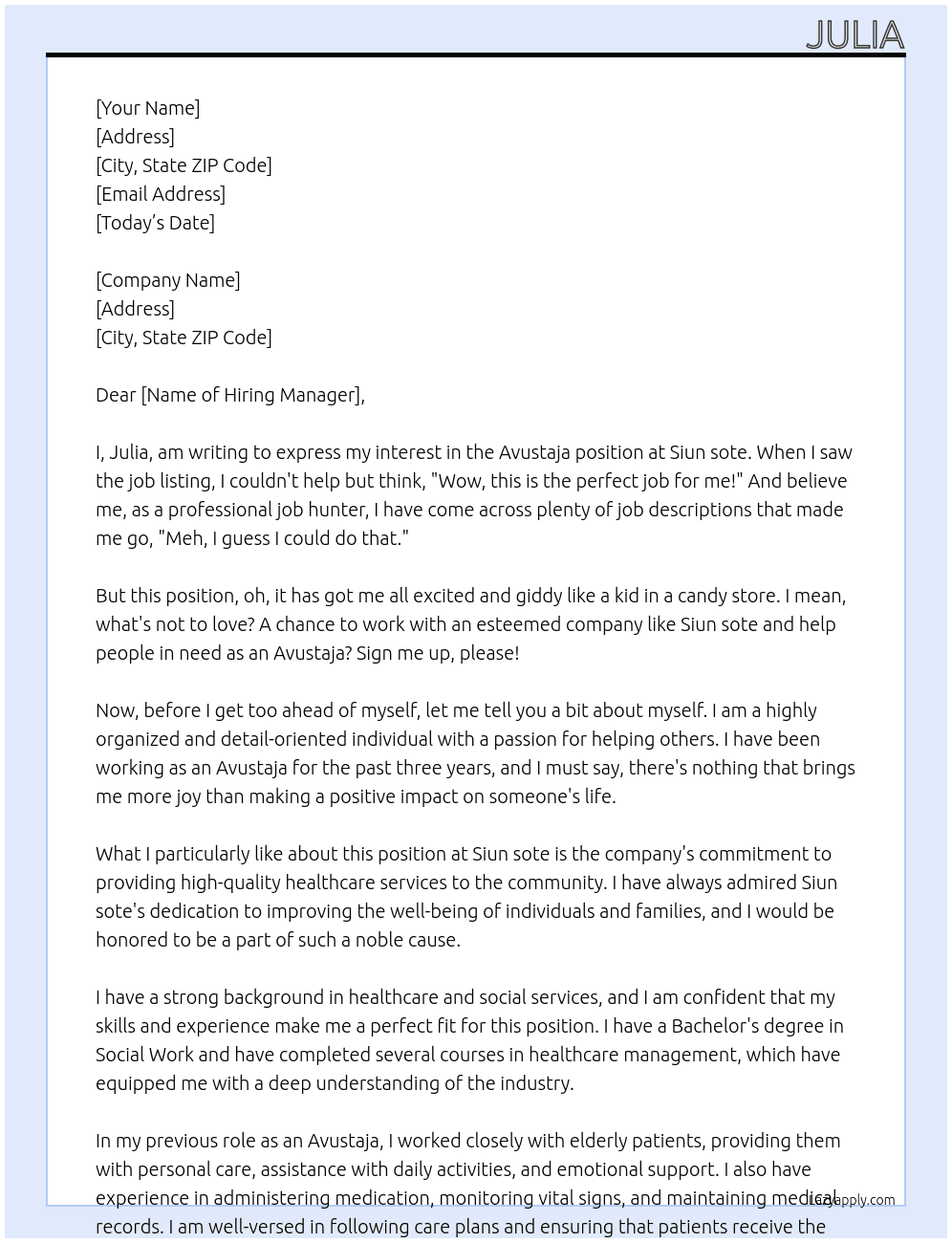 Avustaja At Siun sote Cover Letter