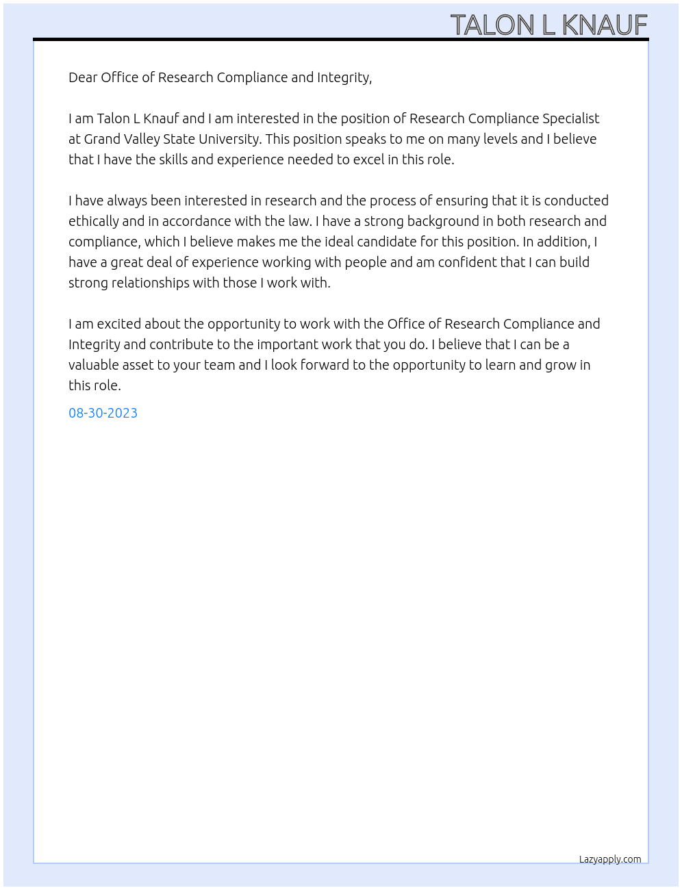 Research Compliance Specialist At Grand Valley State University Cover Letter
