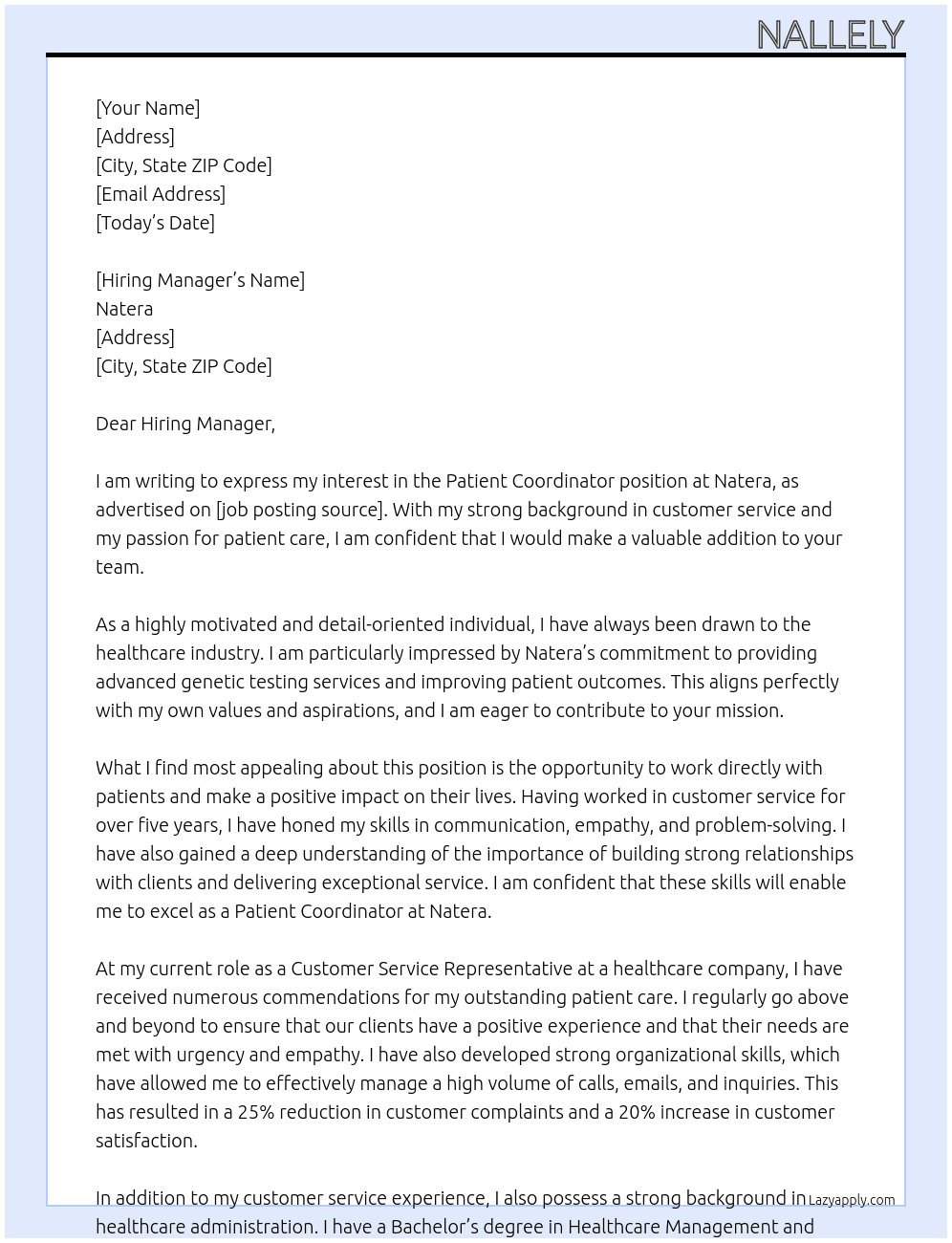 Patient Coordinator At Natera Cover Letter