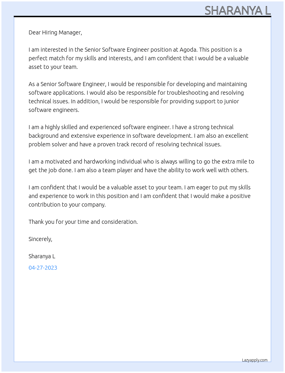 Senior Software Engineer  At Agoda Cover Letter