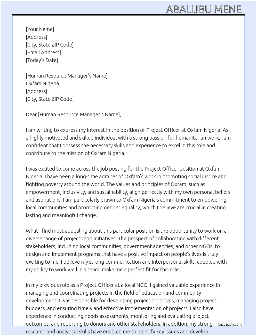 Project officer  At Oxfam Nigeria  Cover Letter