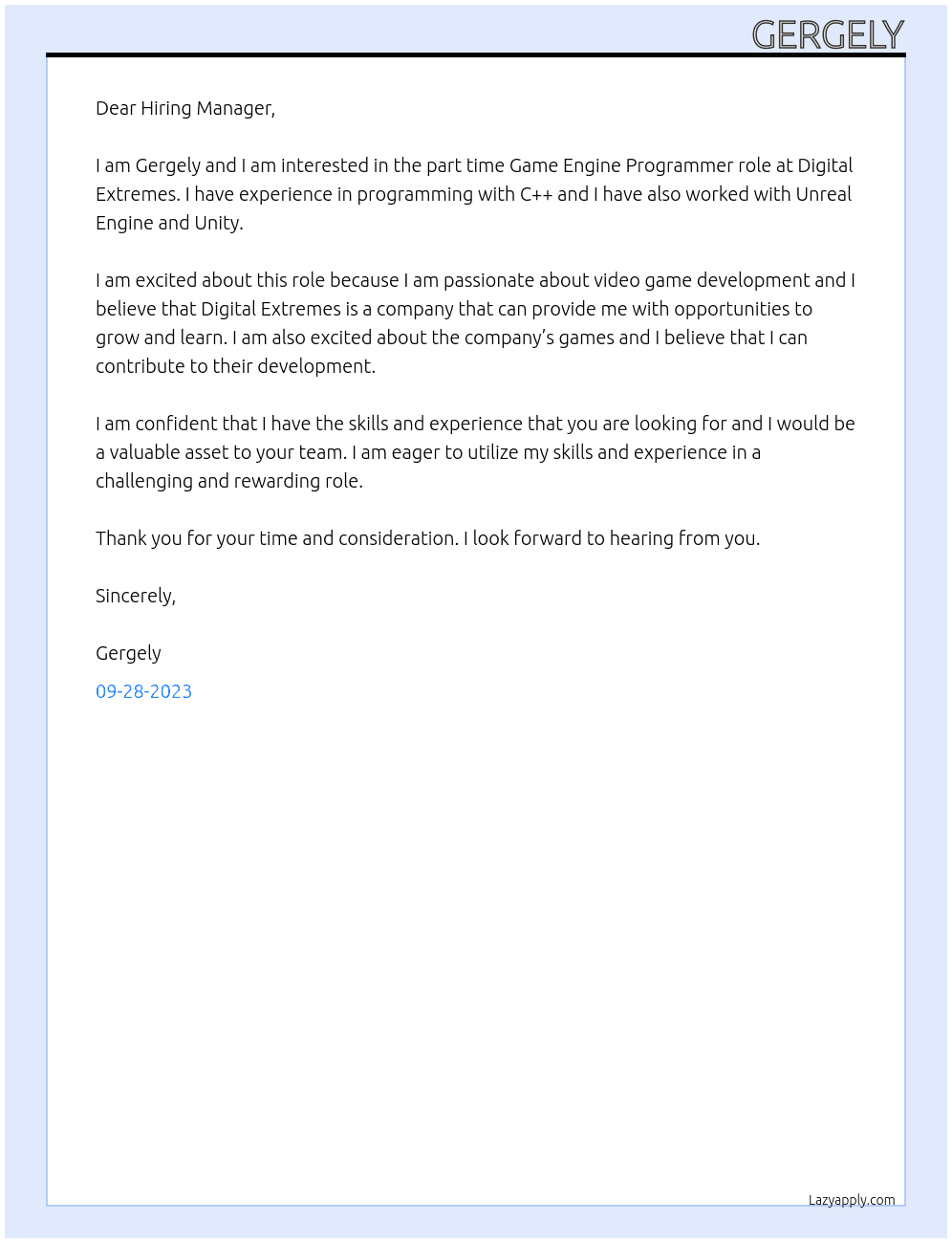 Game Engine Programmer At Digital Extremes Cover Letter