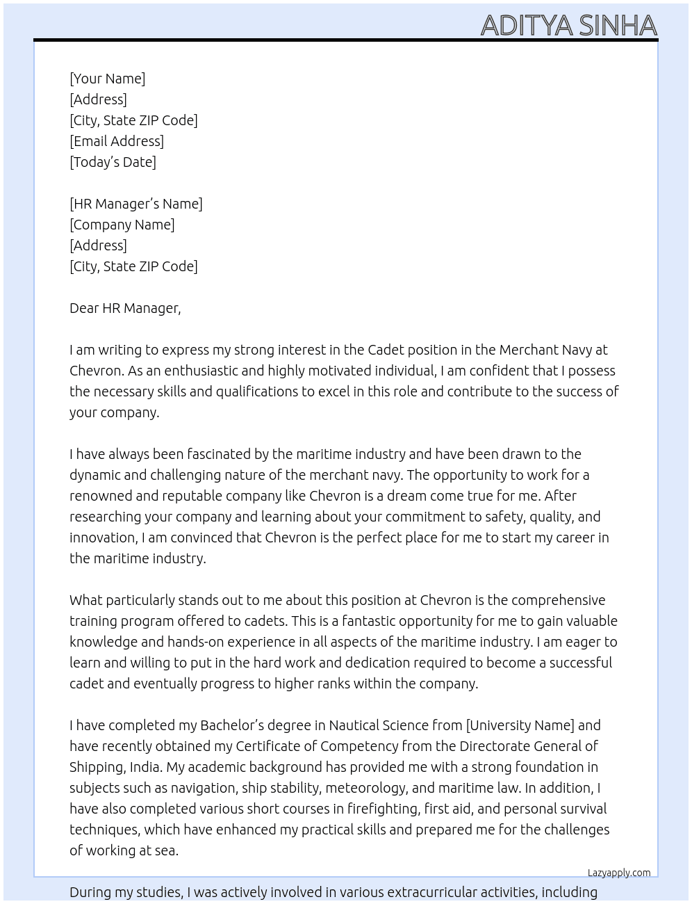 Cadet in merchant navy At Chevron Cover Letter