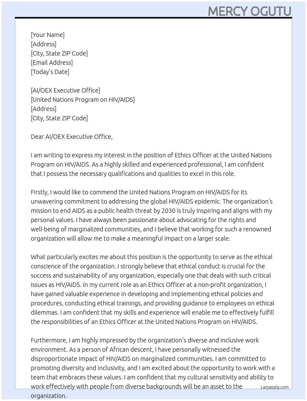 ETHICS OFFICER At UNITED NATION PROGRAM ON HIV/AIDS Cover Letter