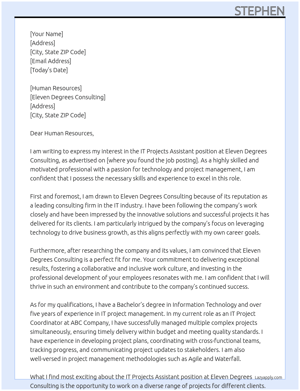  IT Projects Assistant  At eleven degrees consulting Cover Letter