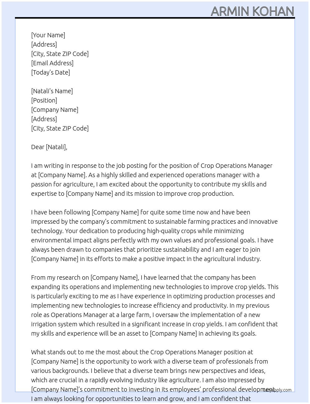 crop operations manager At aaag Cover Letter