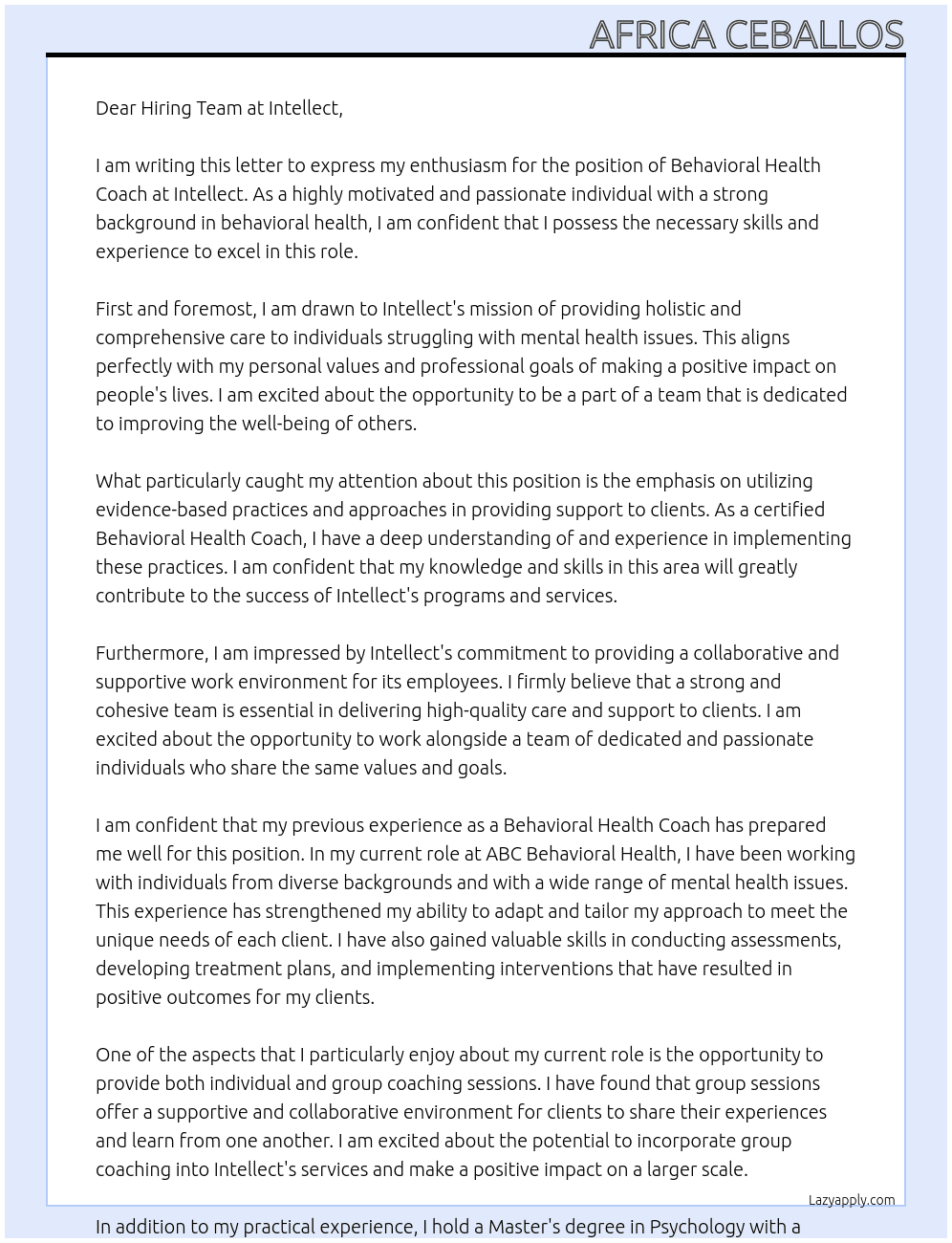 Behavioral Health Coach At Intellect Cover Letter