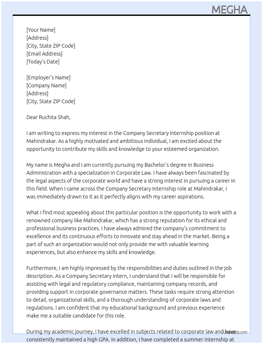 Company Secretary Intership  At Mahindrakar  Cover Letter
