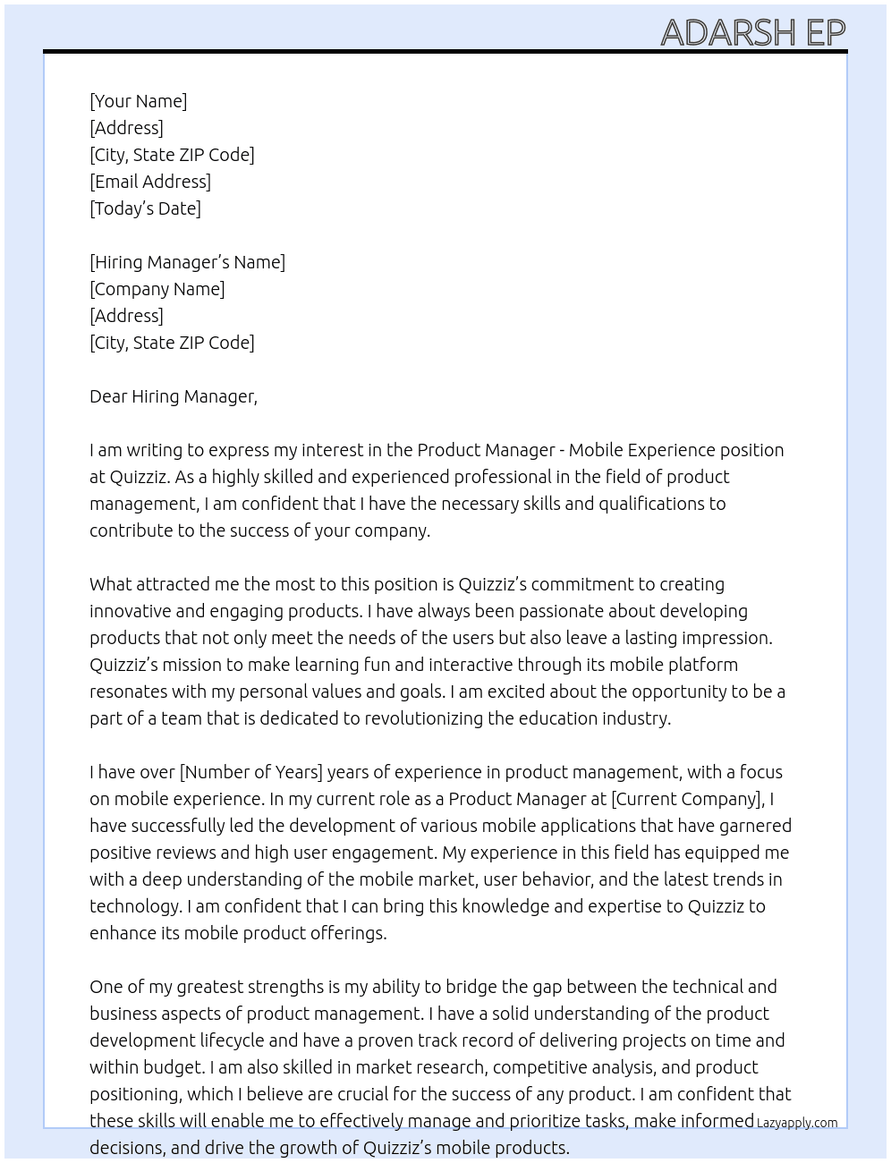 Product Manager - Mobile Experience At Quizziz Cover Letter