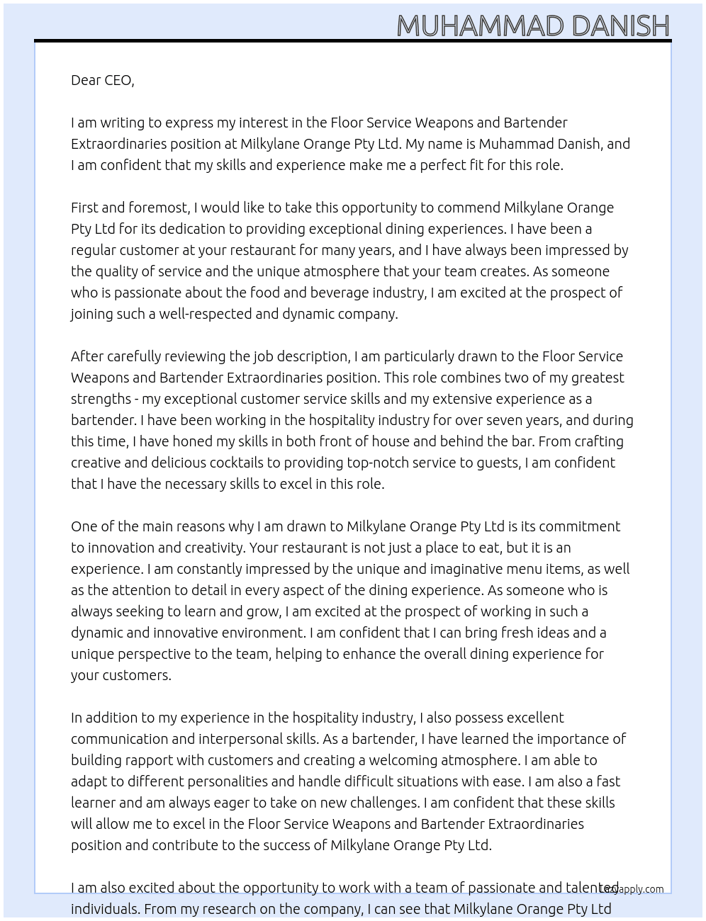 Floor Service Weapons and Bartender Extraordinaries At Milkylane Orange Pty Ltd Cover Letter
