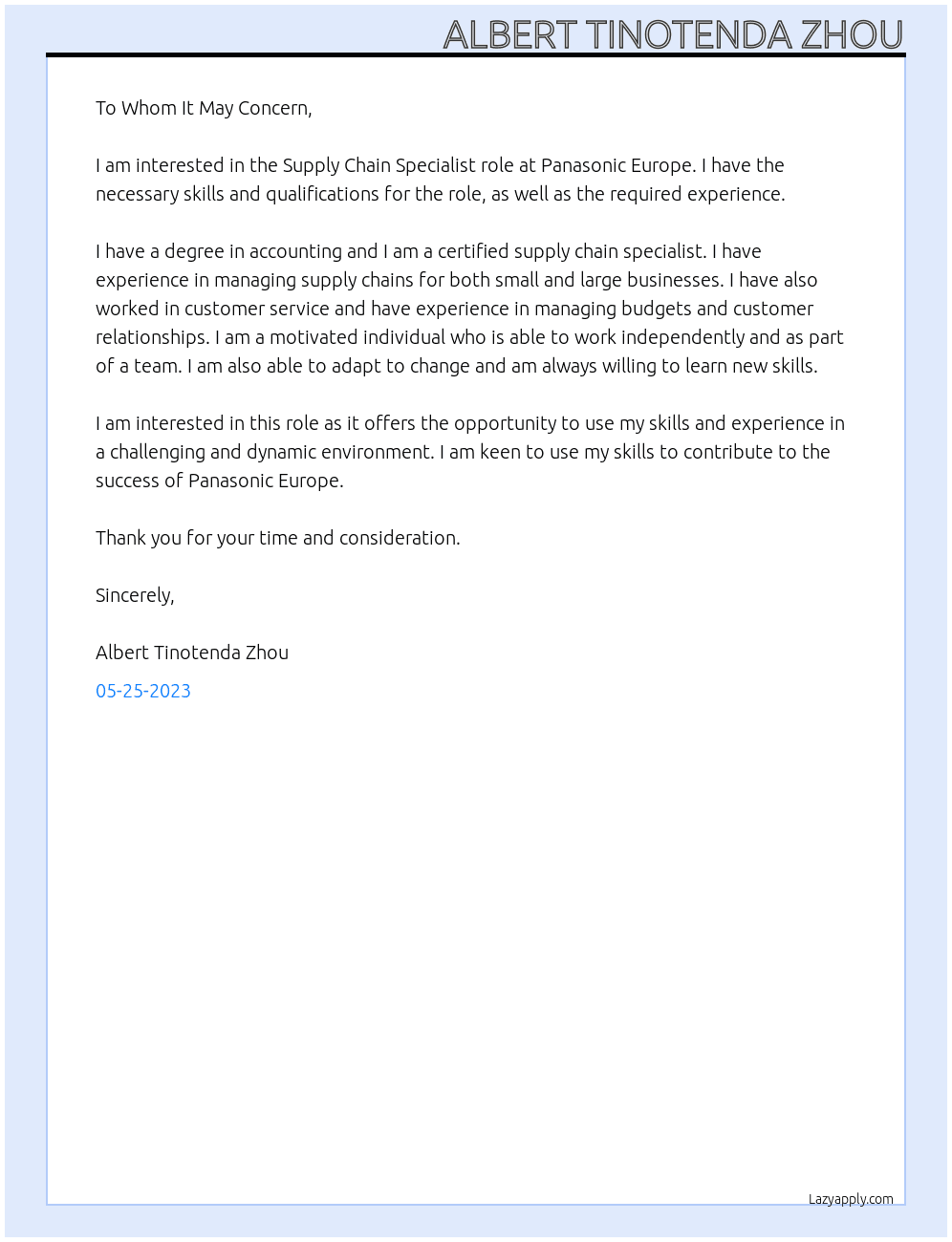 Supply Chain Specialist At Panasonic Europe Cover Letter