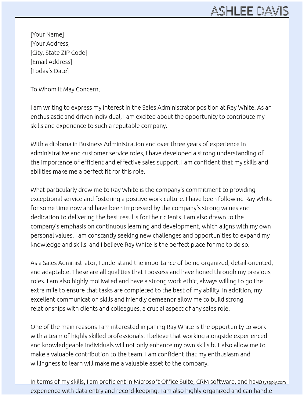 Sales Administrator At Ray White  Cover Letter