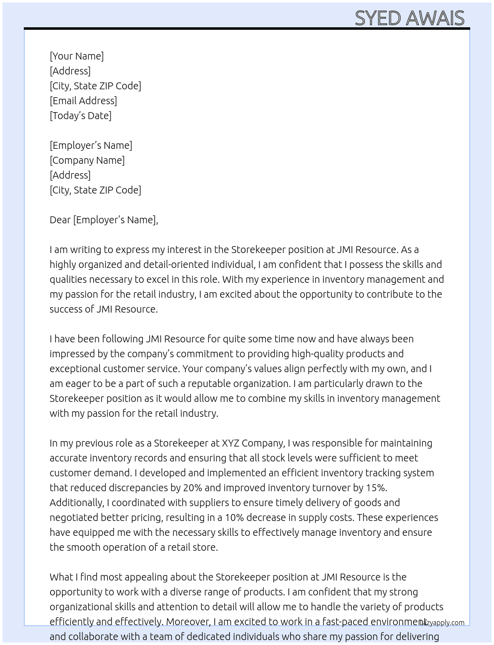 Storekeeper  At JMI Resource Cover Letter