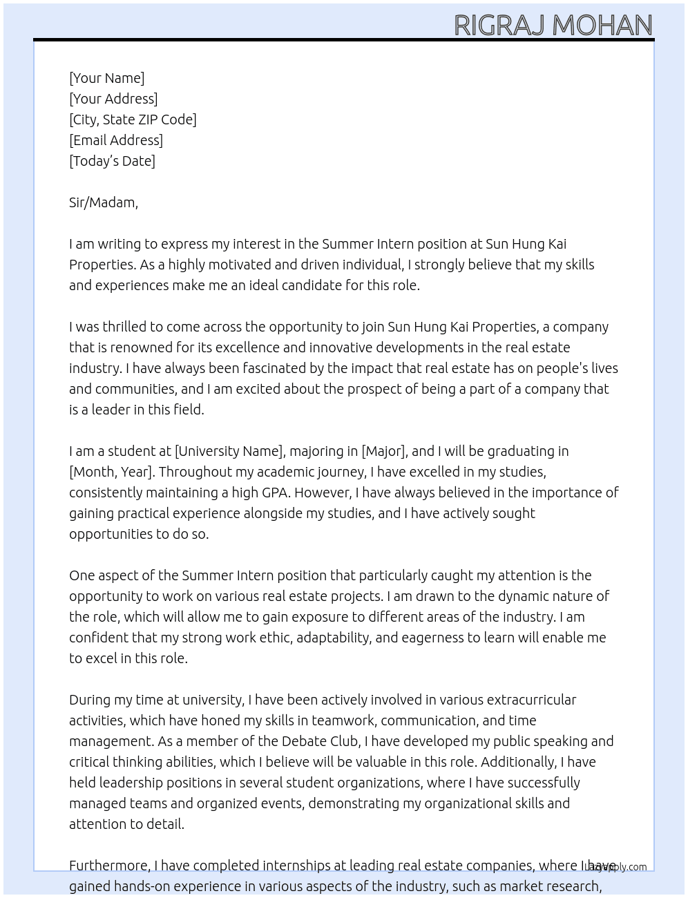 Summer Intern At Sun Hung Kai Properties Cover Letter