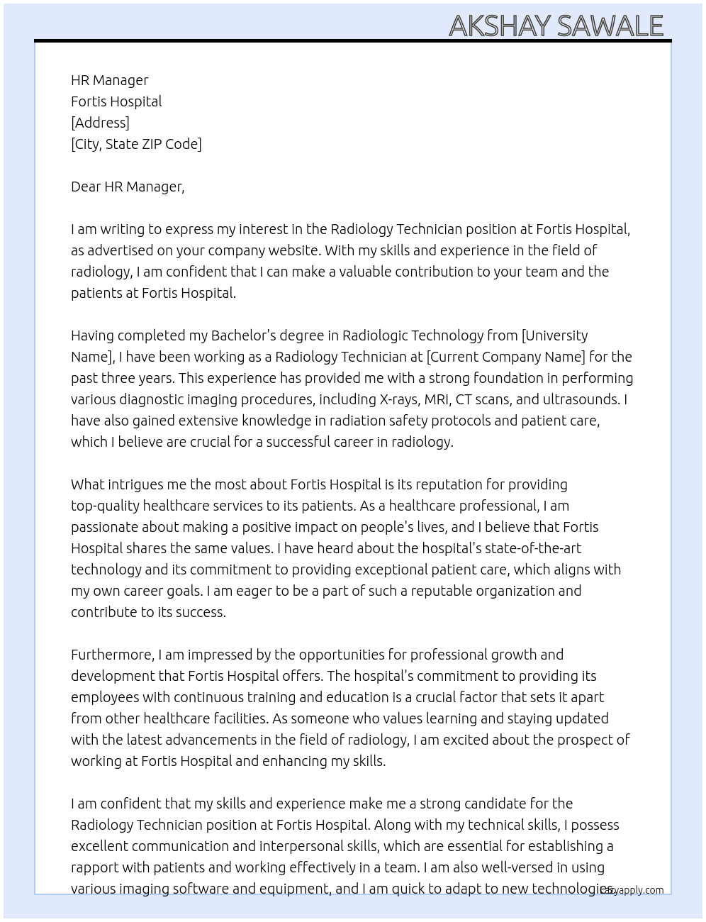 Radiology technician  At Fortis Hospital  Cover Letter