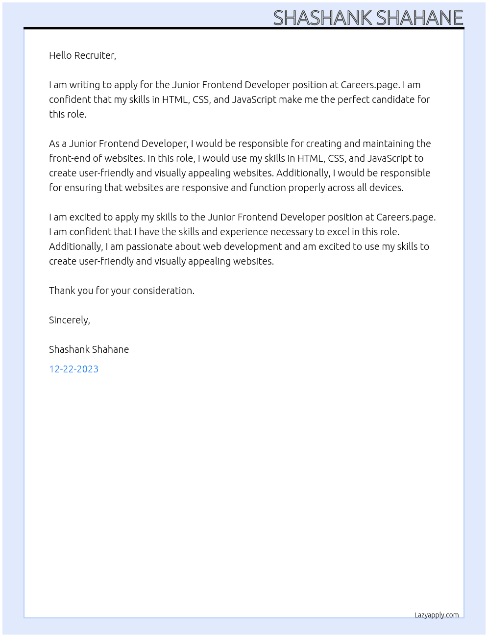 Junior frontend developer  At Careers.page Cover Letter