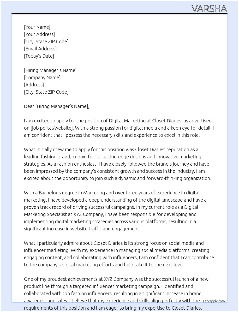 Digital Marketing At  Closet Diaries Cover Letter